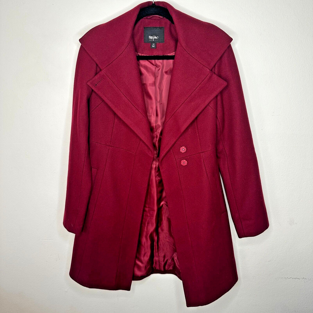 Mossimo Burgundy Red Wool Fitted Long Line Front two Button Coat Welt Pockets XS - Picture 6 of 13